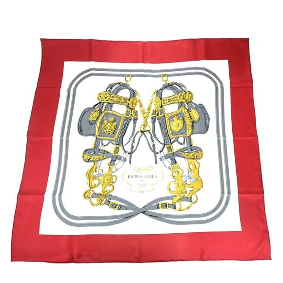 Auth HERMES Logo XL Carre Scarf 90 " Brides de Gala " 100% Silk Red White - Picture 1 of 15